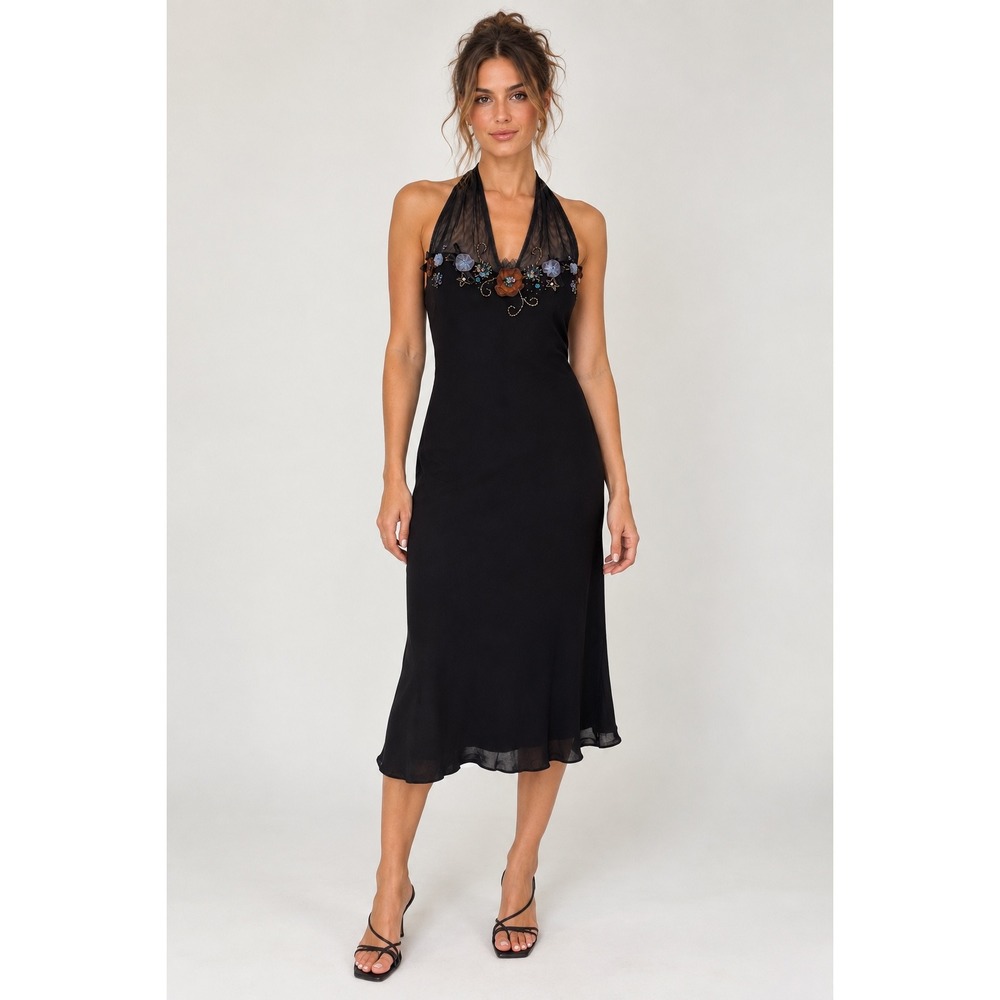 Vintage Nine West Black Halter Midi Dress Beaded Floral Mesh V-Neck 8 Whimsigoth